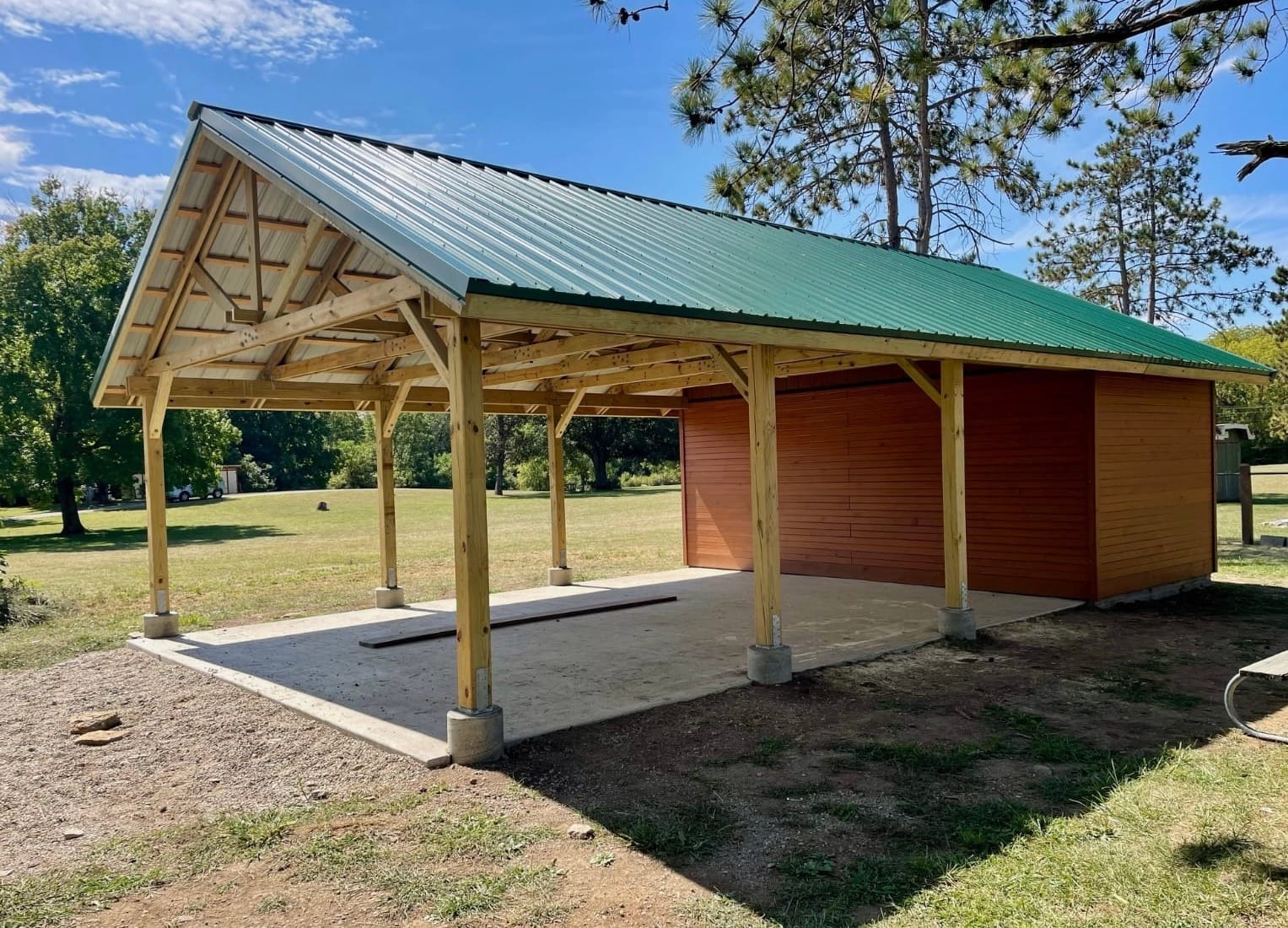 The finished pavilion has a gathering space and tool storage.