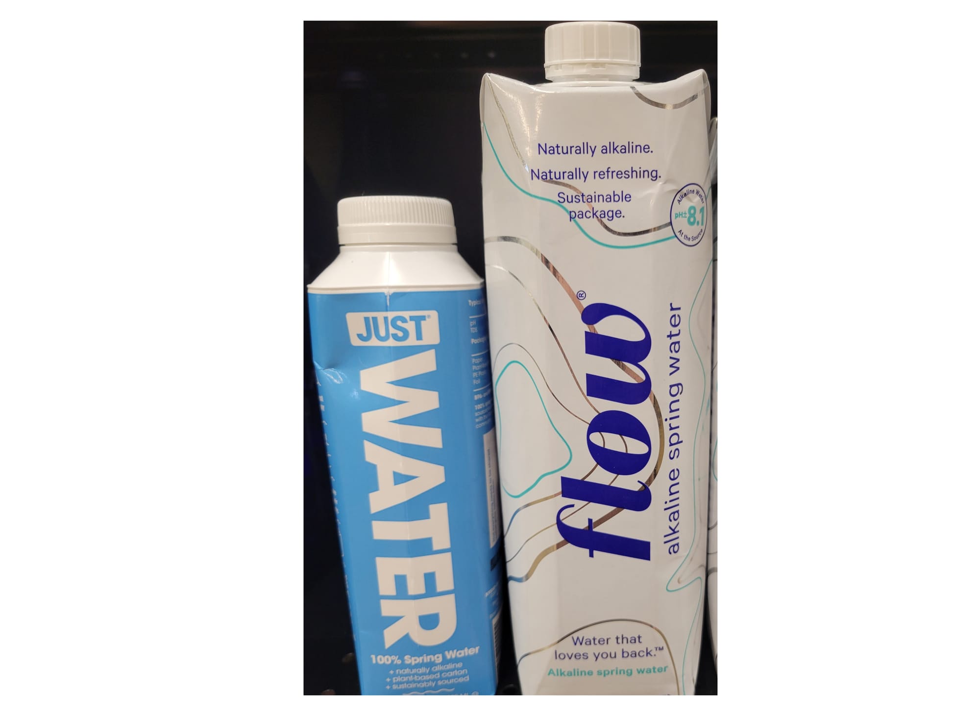 Just Water and Flow Water containers are made with paperboard from recycled materials and also use plant-based caps.