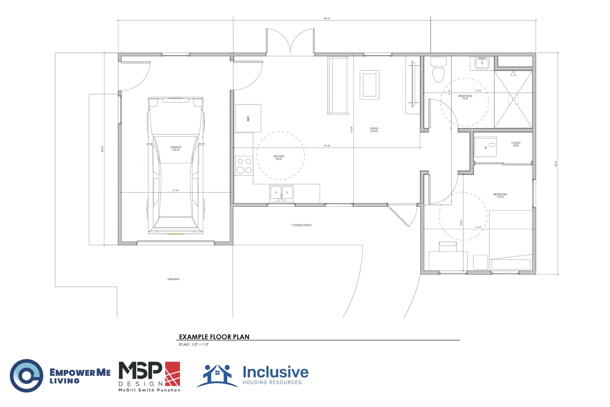 A conceptual rendering of an example floor plan for a unit.