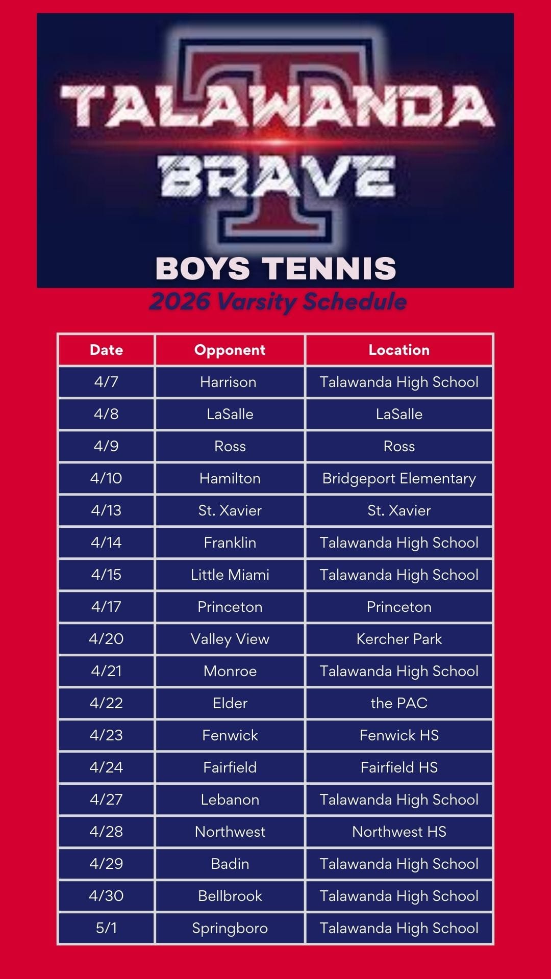 Talawanda tennis 2026 schedule.