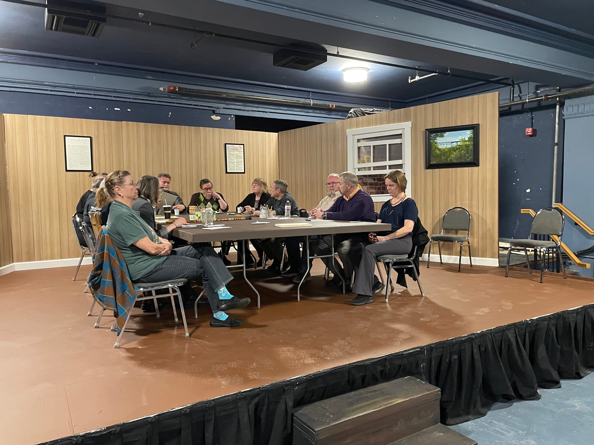 The cast of "12 Angry Jurors" rehearse lines for the show.