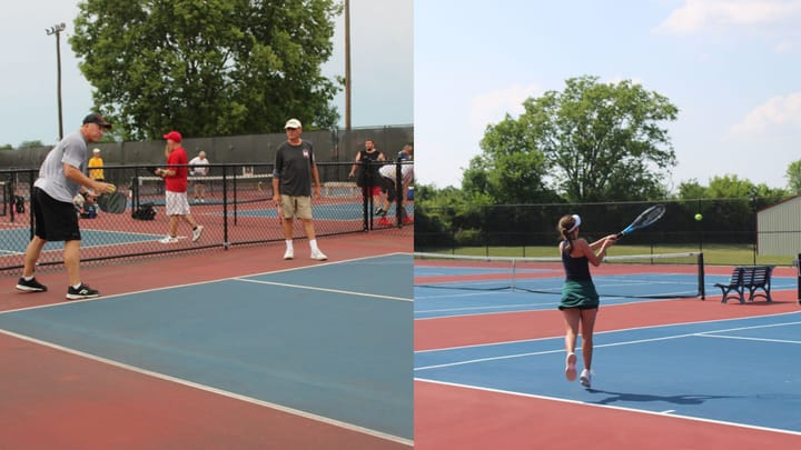 Left picture houses two pickleballers play, one getting ready to  serve. On the right, a girl plays tennis in black outfit.