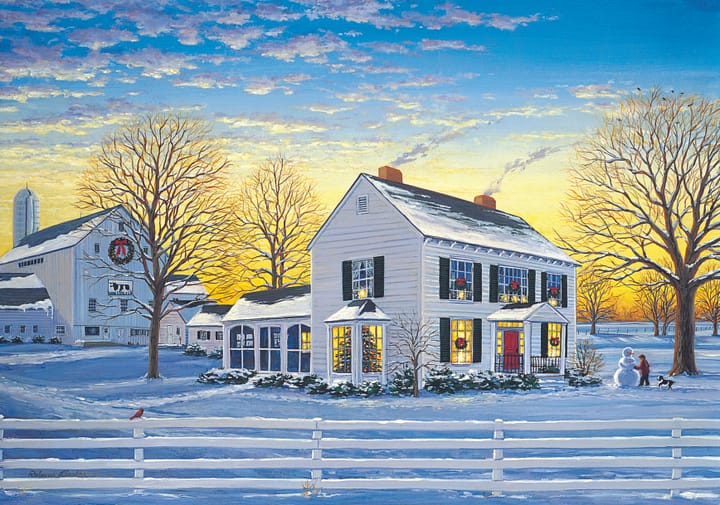 A painting of the Barker homestead in winter, decorated for Christmas