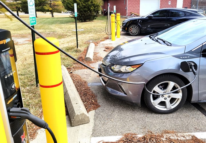 An electric car is charged in the Ditmer parking lot at Miami University.