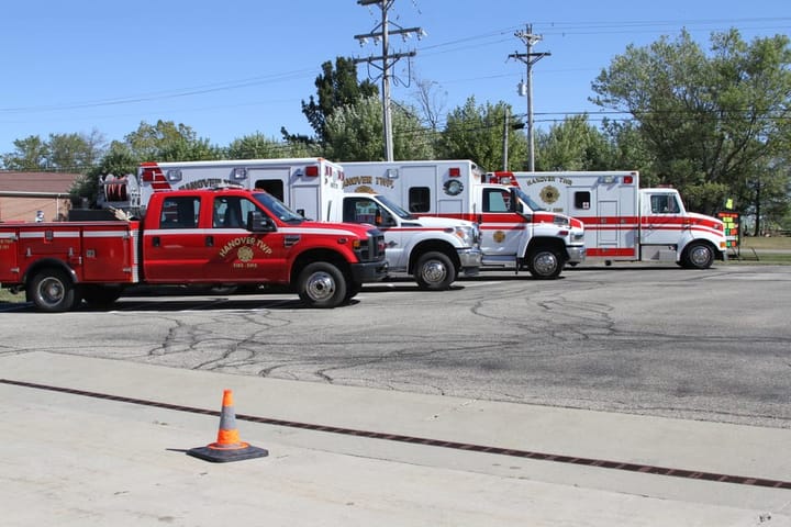 Hanover Township fire and EMS vehicles sit in a designated parking lot in 2019. 