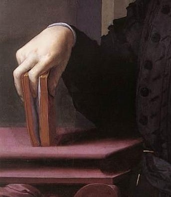 A painting of a man holding a book