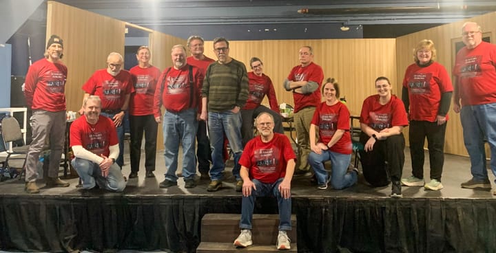 The cast of “12 Angry Jurors” poses on stage.