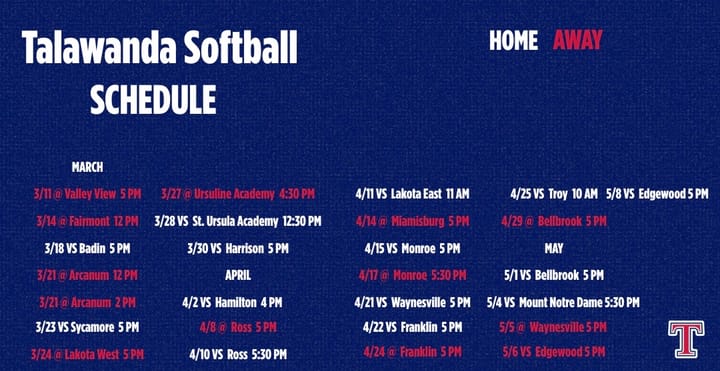 Talawanda girls softball 2026 schedule.