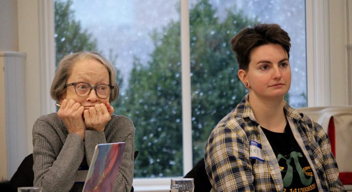 Oxford Area Solutions for Housing board members Anne Bailey, left, and Mary Piper listen to a meeting on March 16, 2026, at the Oxford Presbyterian Church.