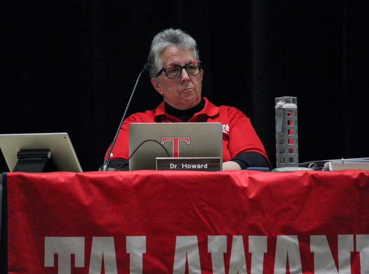 Talawanda School District Board of Education President Rebecca Howard listens to a regular meeting